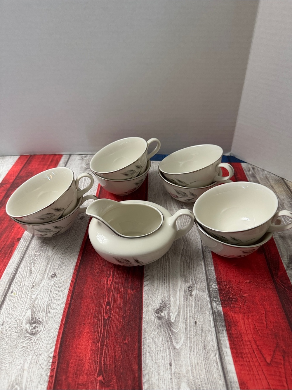 Elegant Vintage White China Tea Cup Set with Subtle Gray Floral Trim
